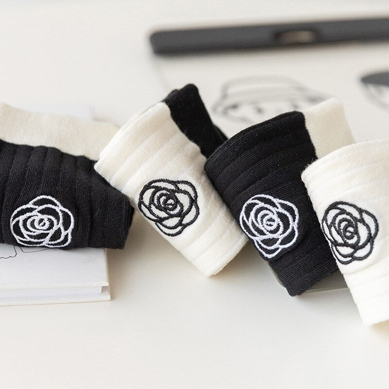 Thumbnail: Japanese Embroidered Flowers Trendy Black Mid-tube Socks Korean Niche Retro All