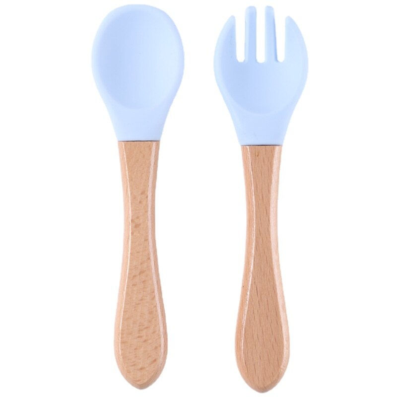 Thumbnail: Silicone Baby Feeding Spoon Fork with Wooden Handle Kids Learn To Eat Children'