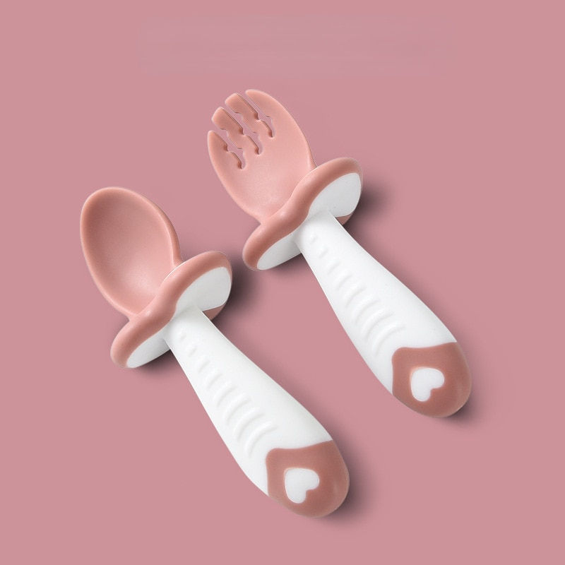 Thumbnail: 2Pcs/Set Baby Spoon Fork BPA Free Silicone Soft Tip Infant Red Green Cutlery Ba