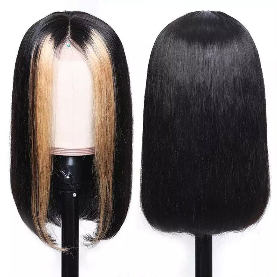 Thumbnail: Ombre Blonde Lace Front Wig Human Hair Highlight Straight Short Bob Wigs For Wo