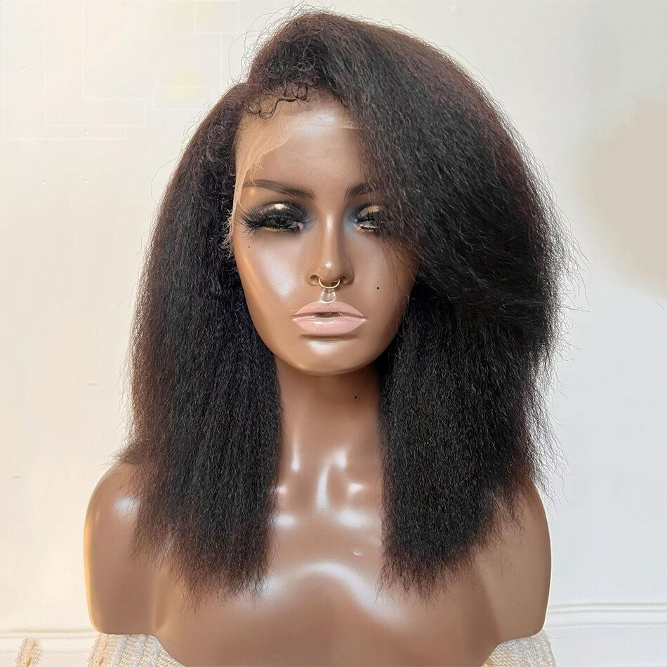 Thumbnail: 180%Density 14Inch Short Bob Natural Black Yaki Kinky Straight Deep Lace Front 