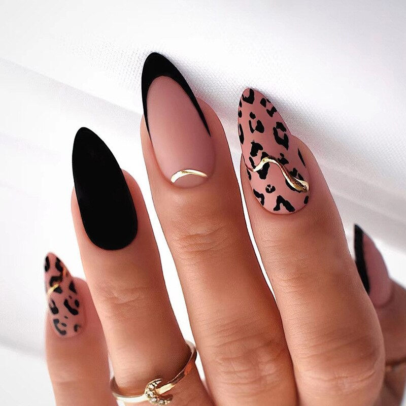 Thumbnail: 24Pcs Pink Almond False Nails Shiny Golden Ripples Stiletto Fake Nails Detachab