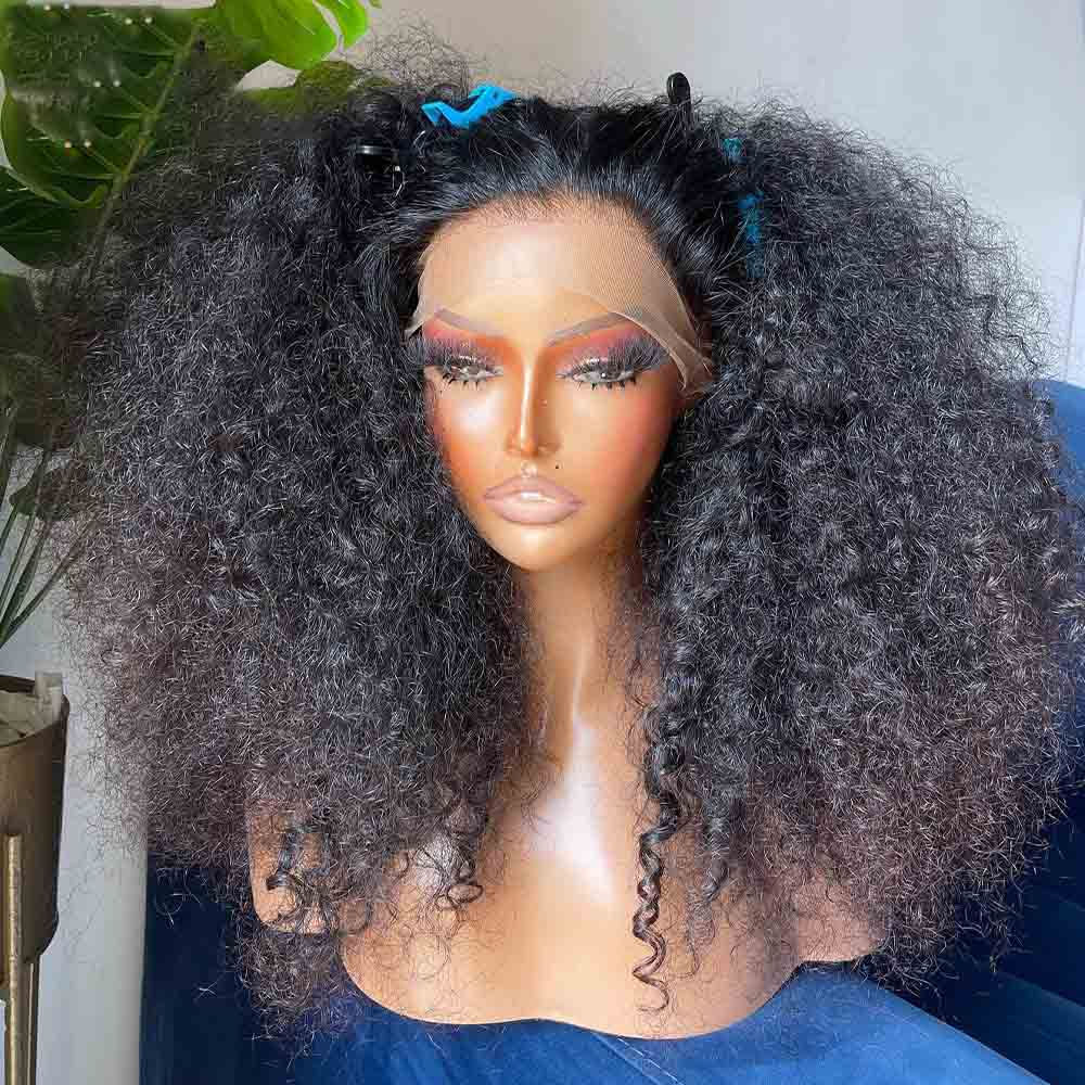 Soft Natural Black 180%Density 26Inch Long Kinky Curly Preplucked Lace Front Wi