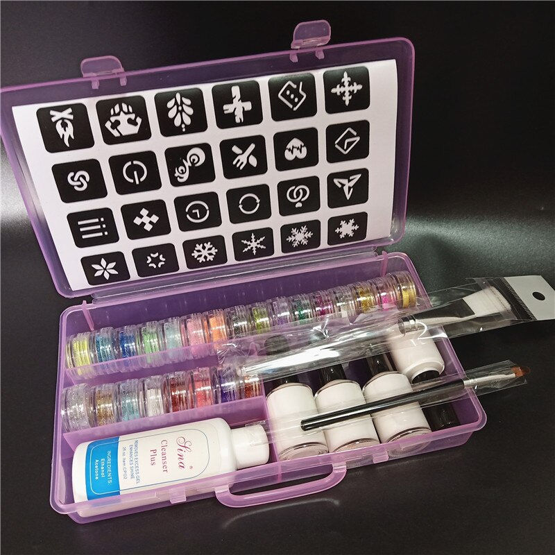 Thumbnail: Temporary Diamond Glitter Tattoo Kit 24 Colors Powder 4 Glue Stencil Hollow Tem