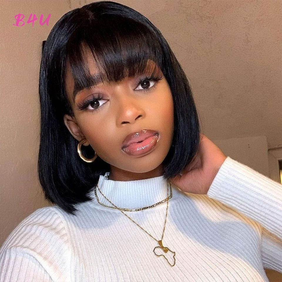 Thumbnail: Short Straight Bob Wig With Bangs Human Hair Glueless Wig Full Machine Made Hum
