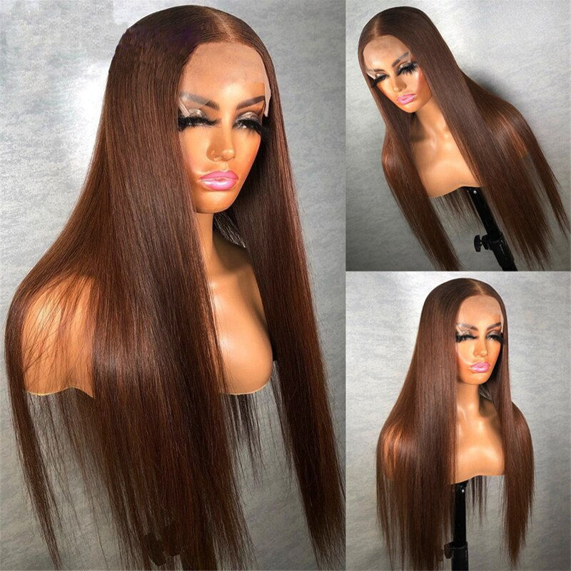 26 Inches 180%Density Brown Glueless Preplucked Silky Straight Lace Front Wig W