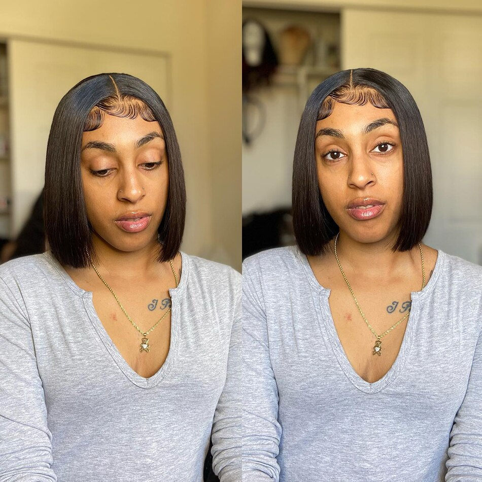 Thumbnail: Luvin Short Bob Wig Bone Straight Lace Human Hair Wigs Brazilian Remy 180 Densi
