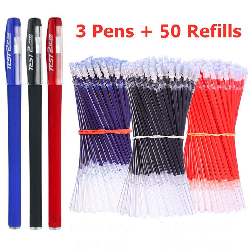 Thumbnail: 3 Gel Pens + 50 Refills Set 0.38mm Black Blue Red Ink Bulk Pens Thin Tip Journa