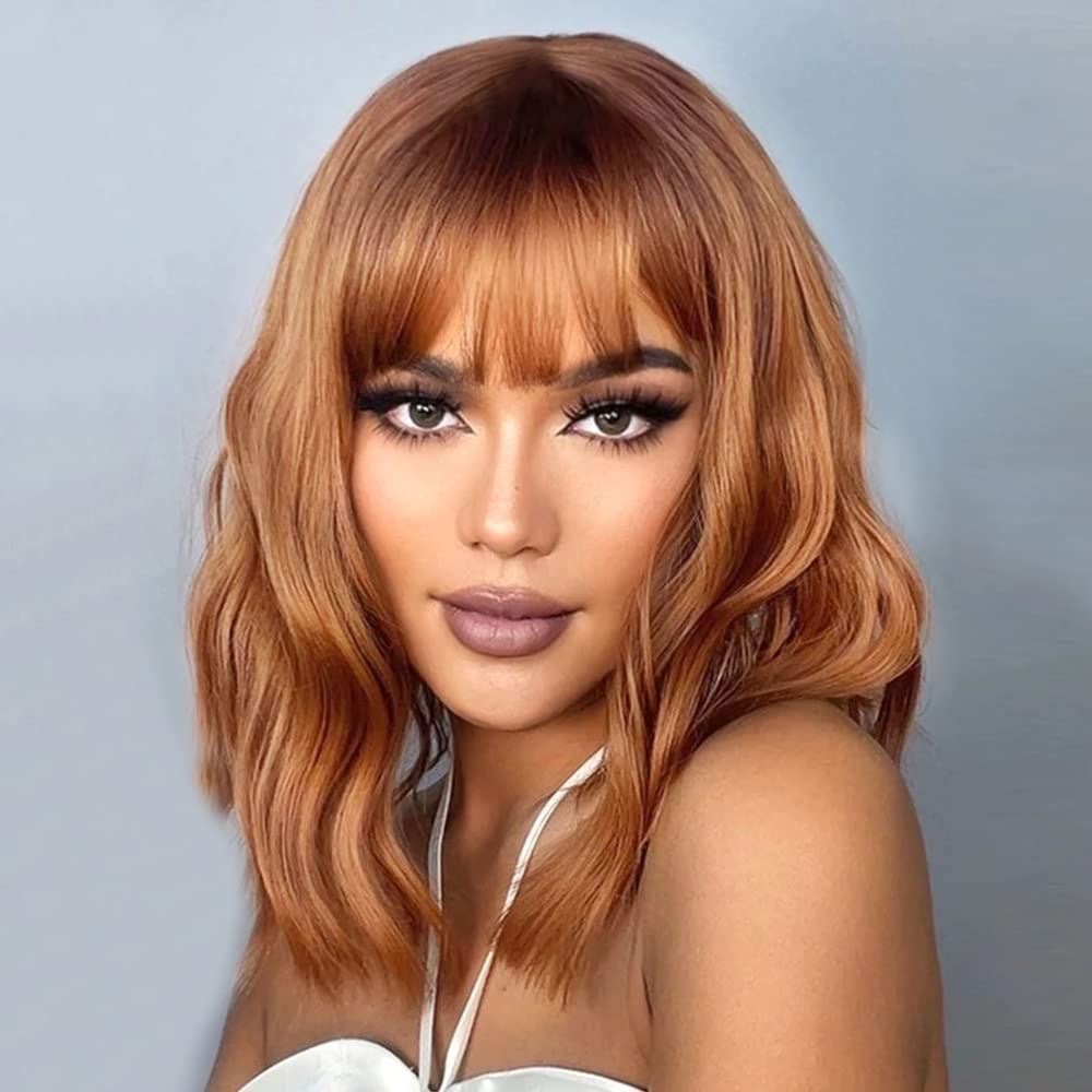 Short Wavy Bob Wig with Bangs Grey Wigs Natural Ombre Silver Wig Synthetic Hair