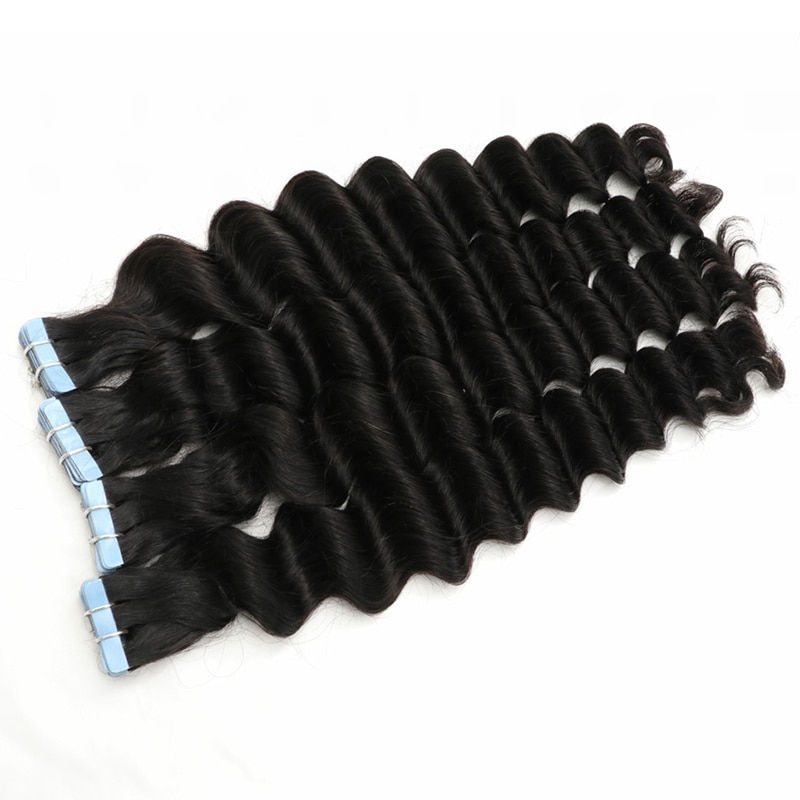 Deep Wave Tape In Extensions 100% Human Hair Deep Curly Tape in Extensions Blac