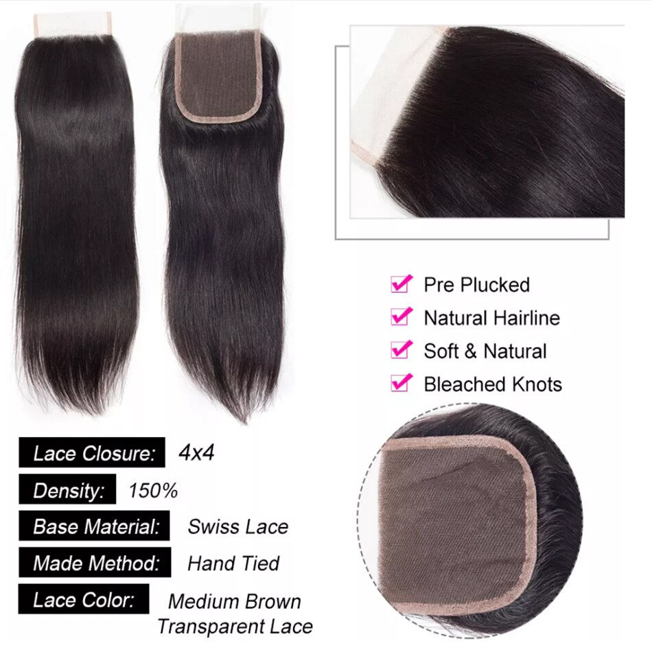 Thumbnail: 30inch Long Straight Human Hair Bundles With Closure Peruvian Human Hair Bundle