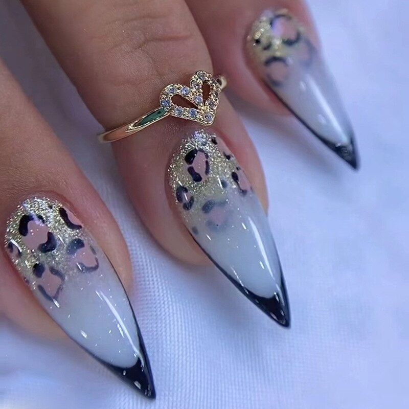Thumbnail: 24Pcs Pink Almond False Nails Shiny Golden Ripples Stiletto Fake Nails Detachab
