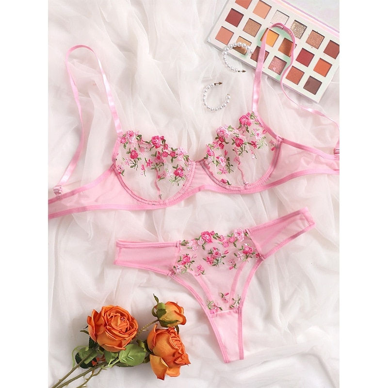Sweet Sexy Floral Embroidery Low Waist Lace Transparent Sexy Lingerie Set 2-Pie