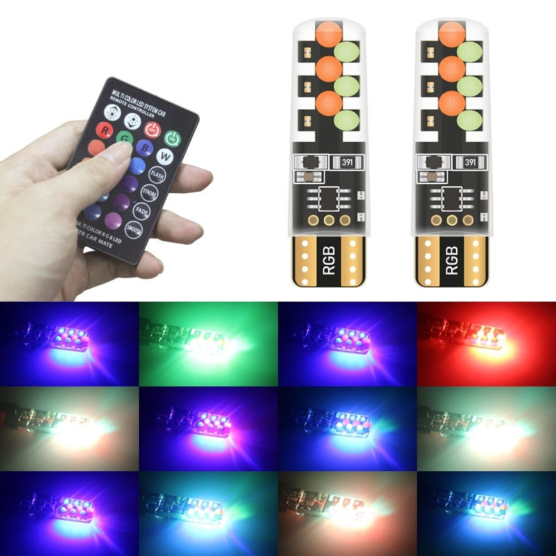 Thumbnail: 1set T10 W5w RGB LED Bulb Remote Control COB Lamp Car Interior Lighting Reading