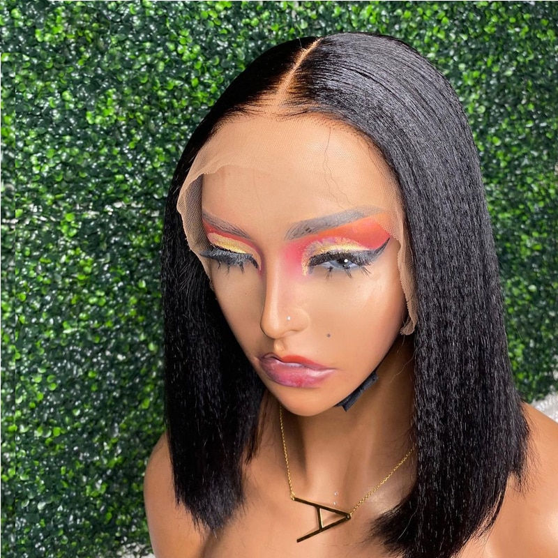 Thumbnail: Natural Black Soft Yaki Bob Long Kinky Straight Hair Wig For Women Natural Hair