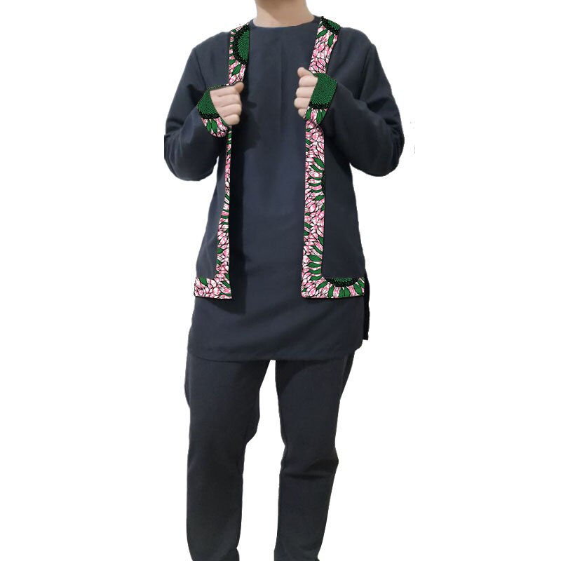Thumbnail: Nigerian Print Patchwork Shirt Fake Two Tops With Solid Black Pants Long Sleeve