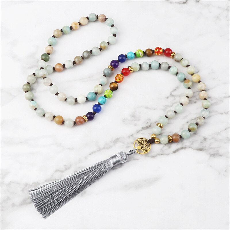 Thumbnail: Bohemian 7 Chakra Life Tree Necklace 8mm Amazonite Natural Stone Knotted Beads 
