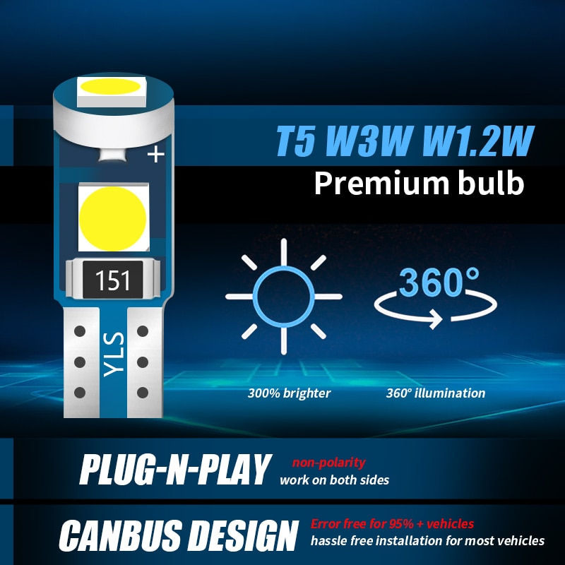 Thumbnail: 10Pcs T5 Led Bulb W3W W1.2W Led Canbus For Air conditioner button light Instrum