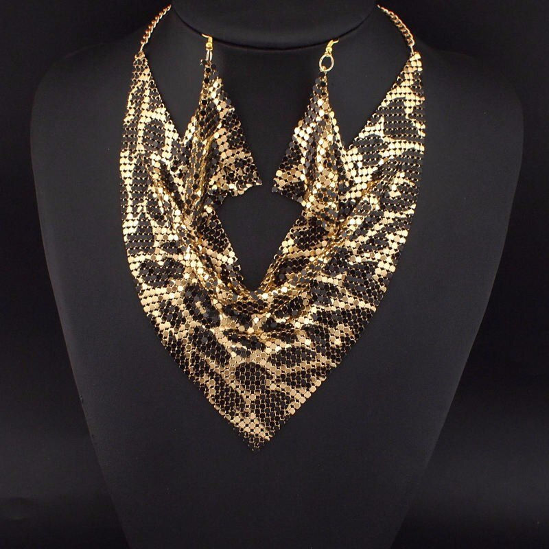 Thumbnail: Indian Jewelry Set Shining Rhinestone Metal Slice Bib Choker Necklaces Earrings