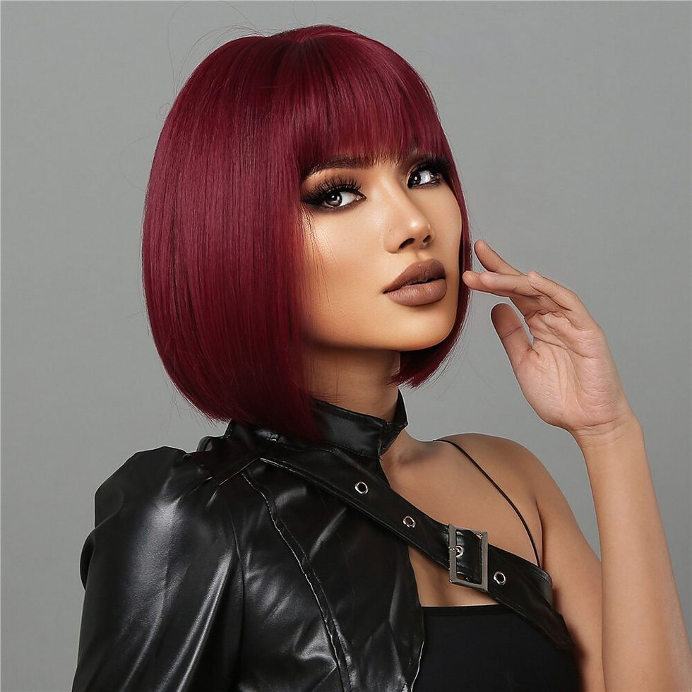Thumbnail: Short Wine Red Bob Wigs For Women Burgundy Bob Wigs With Thick Bangs Heat Resis