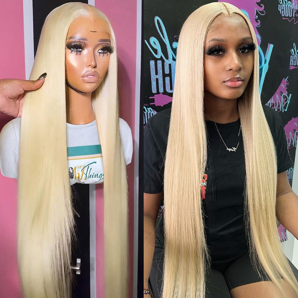 30 32 Inch 613 Blonde Straight 13x6 Lace Frontal Wig Brazilian Remy Colored Glu