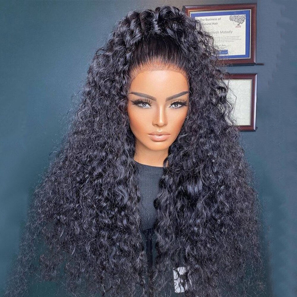 Preplucked Soft 180%Density 26Inch Long Natural Black Kinky Curly Lace Front Wi