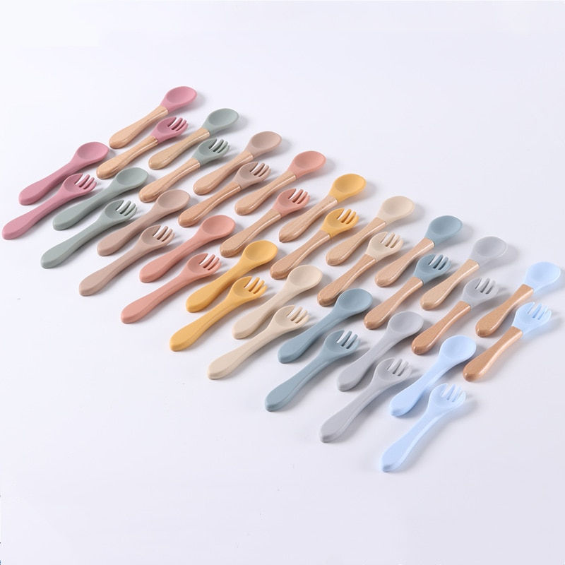 Thumbnail: Silicone Baby Feeding Spoon Fork with Wooden Handle Kids Learn To Eat Children'