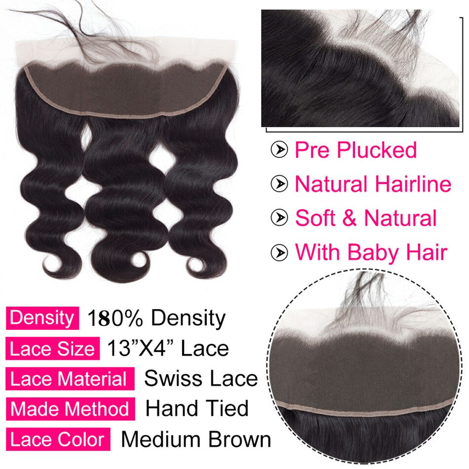 Thumbnail: Body Wave Bundles With Frontal 13x4 HD Transparent 100% Human Hair Extensions B