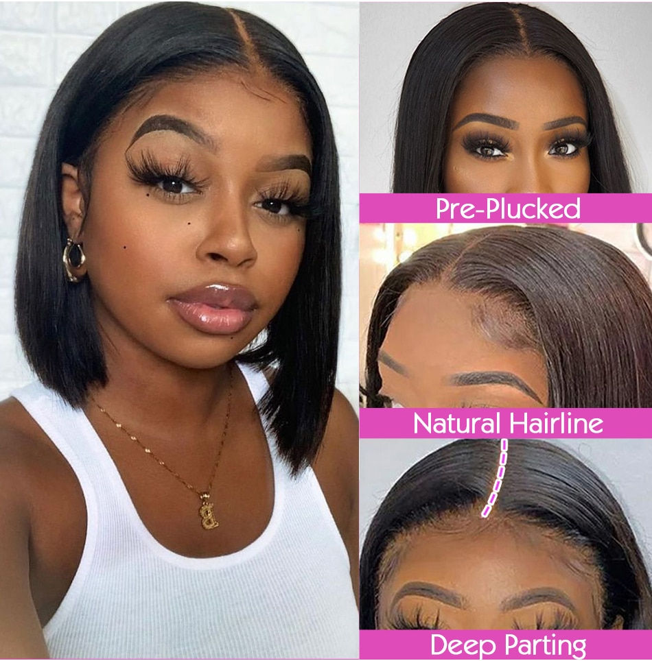 Thumbnail: Short Bob Wig 13x4 Transparent Lace Frontal Wig Brazilian Straight Human Hair W
