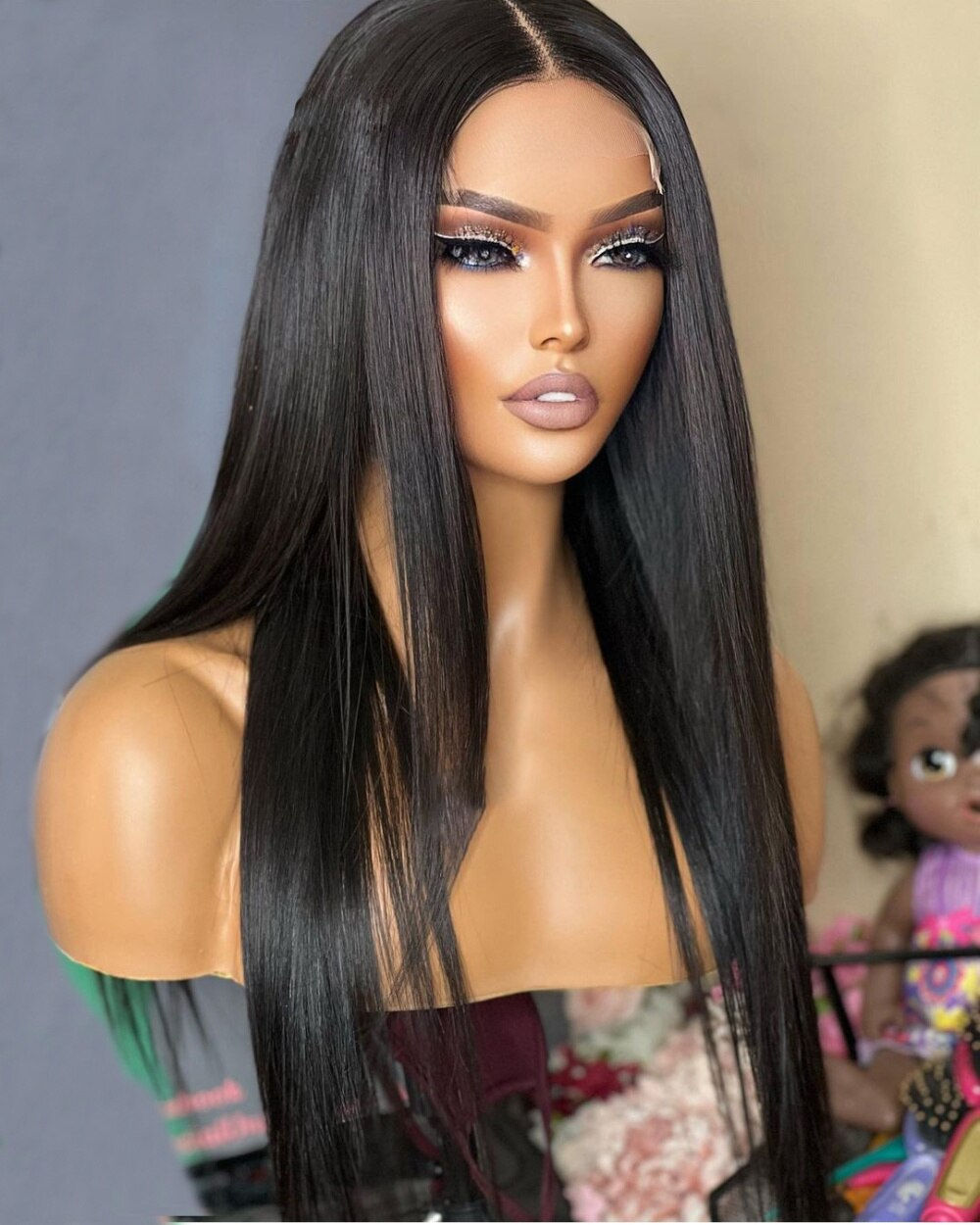 26Inch Soft Natural Black Preplucked 180Density Long Silky Straight Lace Front