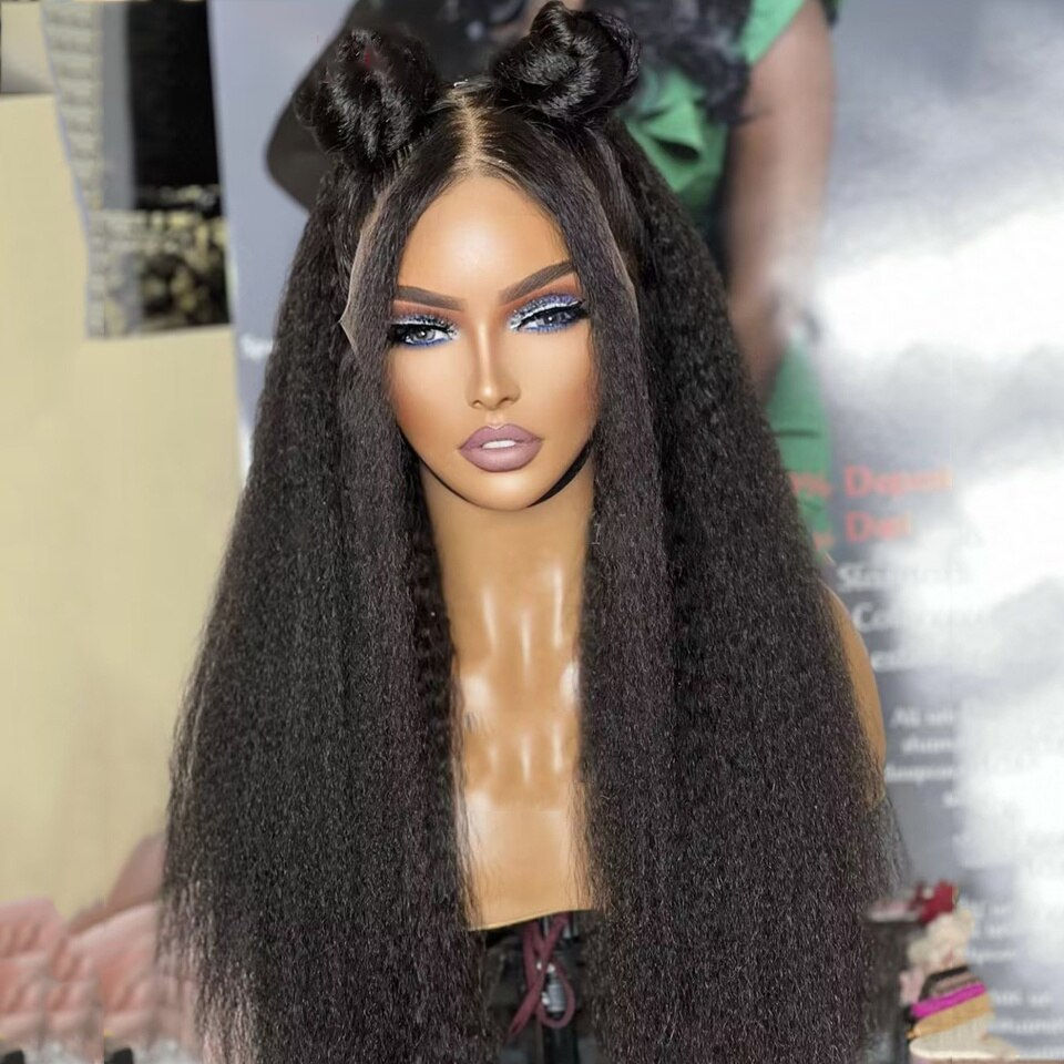 Thumbnail: Soft Natural Black Yaki Long 28inch 180Density Kinky Straight Deep Lace Front W