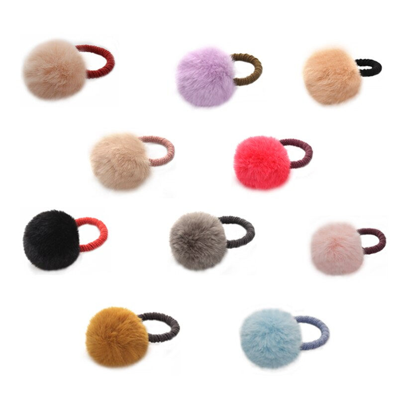 Миниатюра: 10pcs/set Multicolor Hair Bands Cute Furry Ball Elastic Hair Ties For Children 