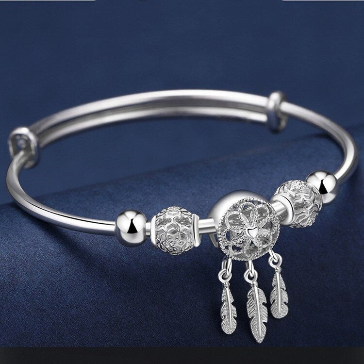 Thumbnail: 925 Sterling Silver Dreamcatcher Tassel Feather lucky Bead Bracelet Bangle For 
