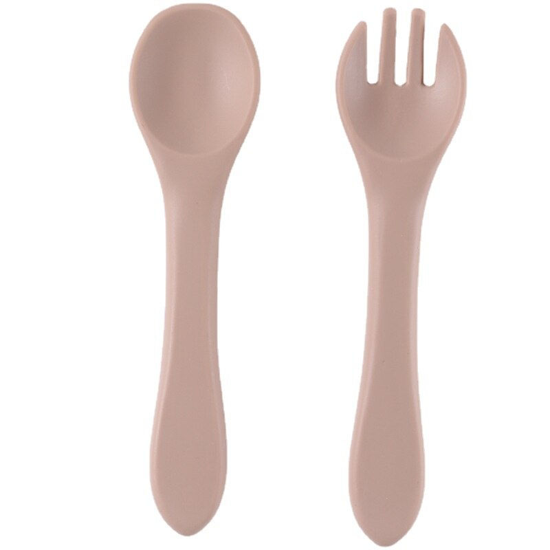 Thumbnail: Silicone Baby Feeding Spoon Fork with Wooden Handle Kids Learn To Eat Children'