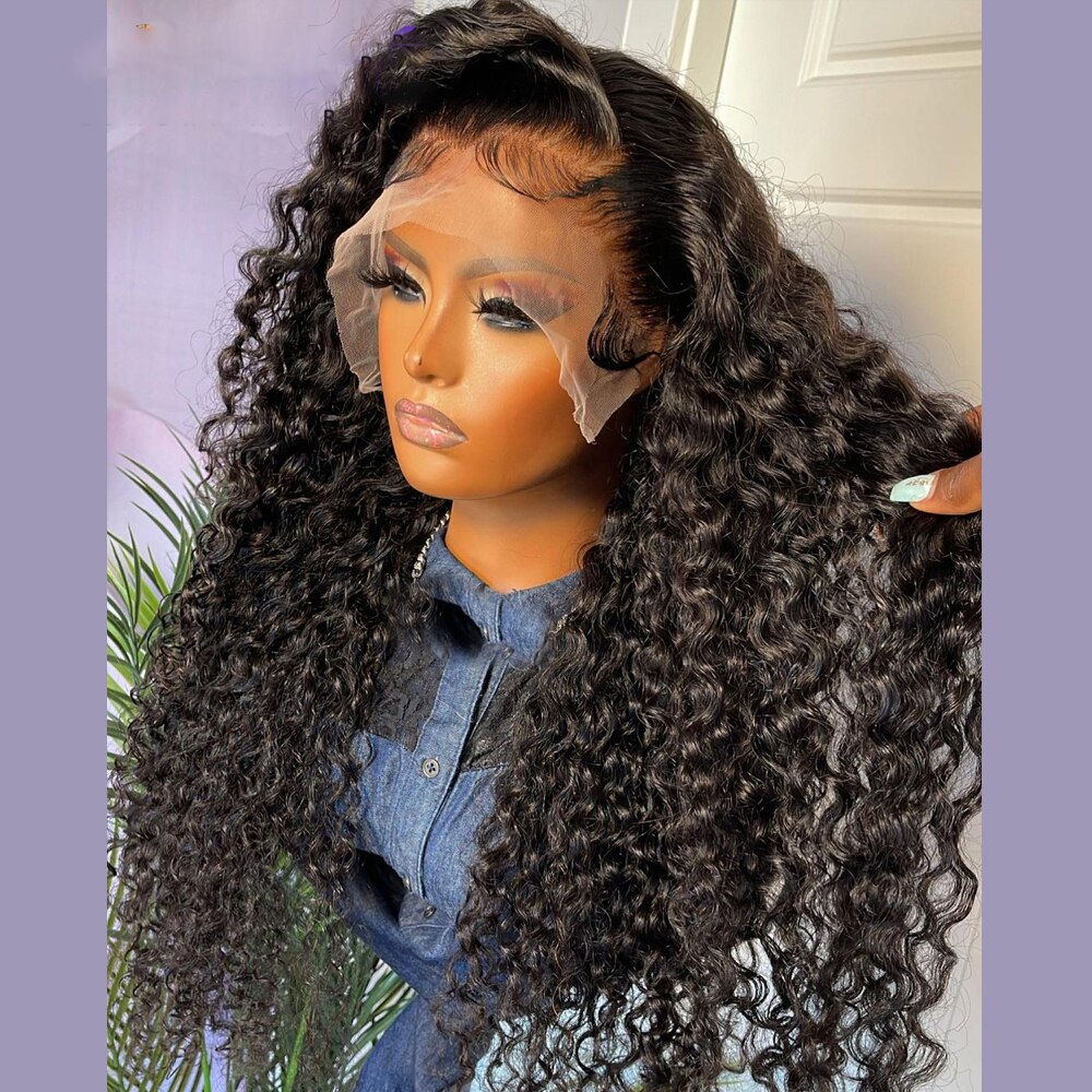 Soft Natural Black 180%Density 26Inch Long Kinky Curly Preplucked Lace Front Wi