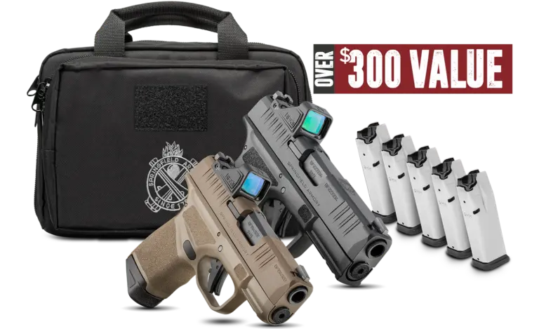 Springfield Armory Hellcat Gear Up 2024 bundle featuring two Hellcat pistols (tan and black), a branded black range bag, and six magazines, with a total value over $300.