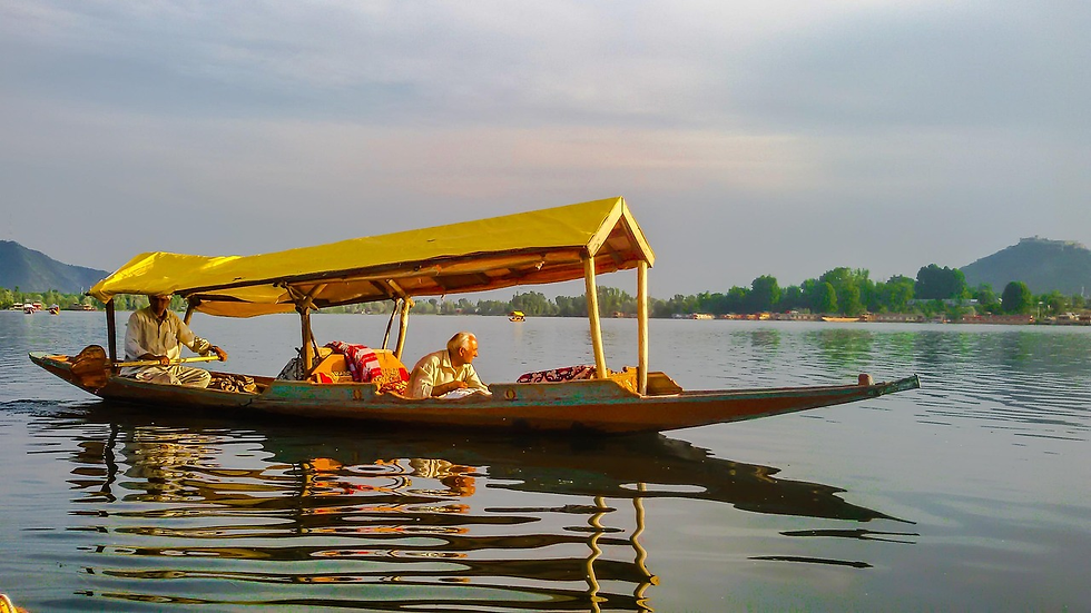 A boat with a yellow canopy floats on a calm lake, carrying a person. Mountains and trees are in the background, reflecting a tranquil mood.