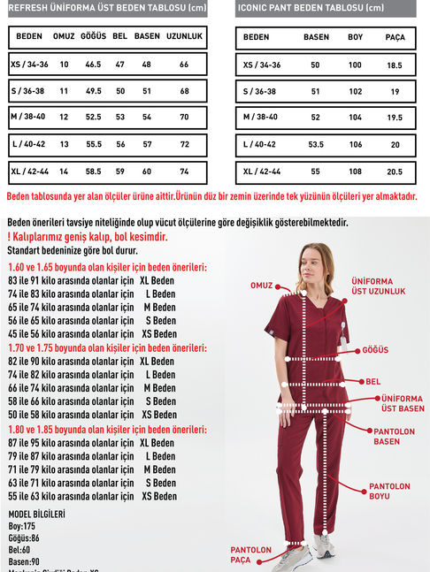 Refresh Kadın Medikal Üniforma Takımı Beden Tablosu – Açık Mavi Scrubs hemşire forması ölçü rehberi.
