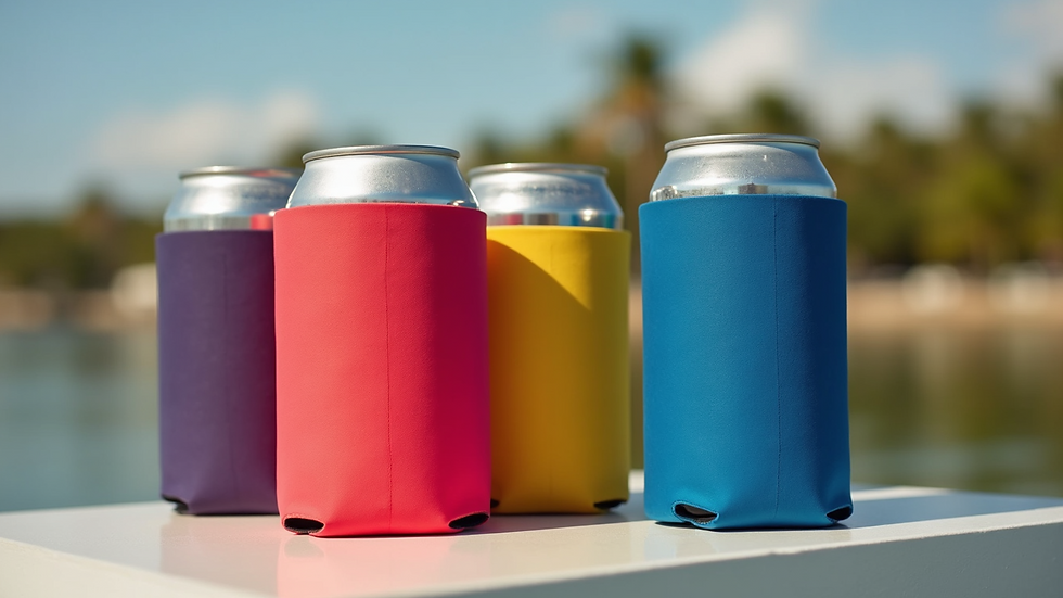 Close-up view of vibrant koozies designed by Fin Neoprene