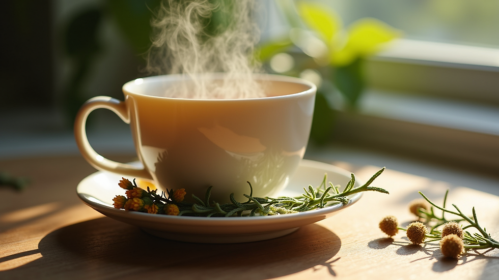 Close-up view of a steaming cup of herbal tea with fresh herbs and flowers