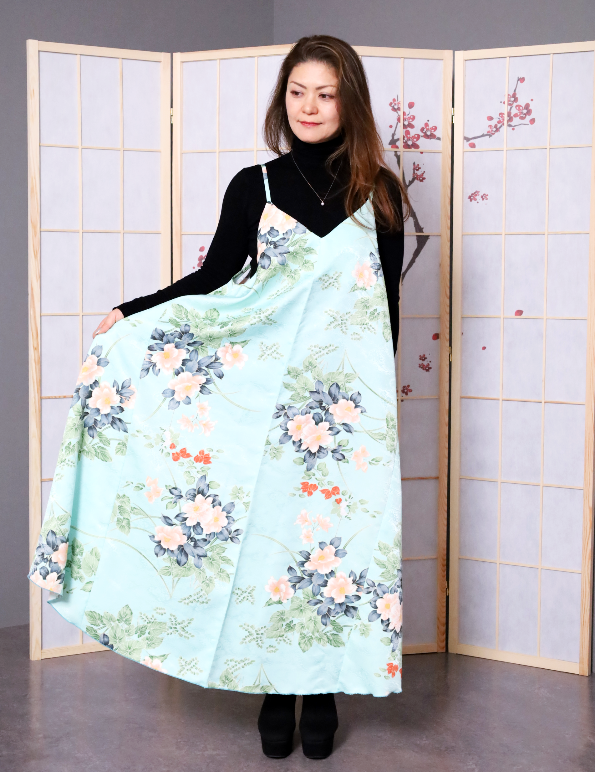 【着物リメイクドレス】 MINT GREEN-CAMERIA 薄青-椿