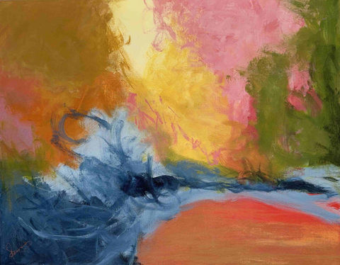 Œuvre semi-abstraite suggérant paysage coloré au couleur chaude dominante, artiste Diane Fournier