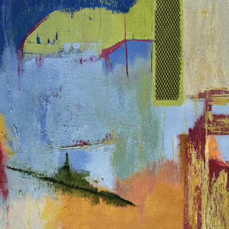 Peinture abstraite coloré sur panneau de bois ou les verts et bleus dominent, artiste Diane Fournier