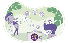 Illustration of two people beside a large wall calendar with days ticked, showing how NDIS funding periods work.