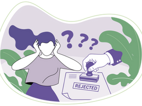 First2Care Illustration showing a person trying to understand NDIS support categories while a nearby document is marked "Rejected." Question marks and the rejected claim symbolise uncertainty about funding rules, support classifications, and the importance of choosing the correct support category when submitting claims.