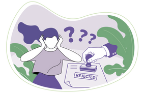 First2Care Illustration showing a person trying to understand NDIS support categories while a nearby document is marked "Rejected." Question marks and the rejected claim symbolise uncertainty about funding rules, support classifications, and the importance of choosing the correct support category when submitting claims.