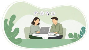 Illustration of a participant and plan manager sitting together reviewing NDIS plan documents, with a simple onboarding timeline in the background showing steps from sign up to first invoice.