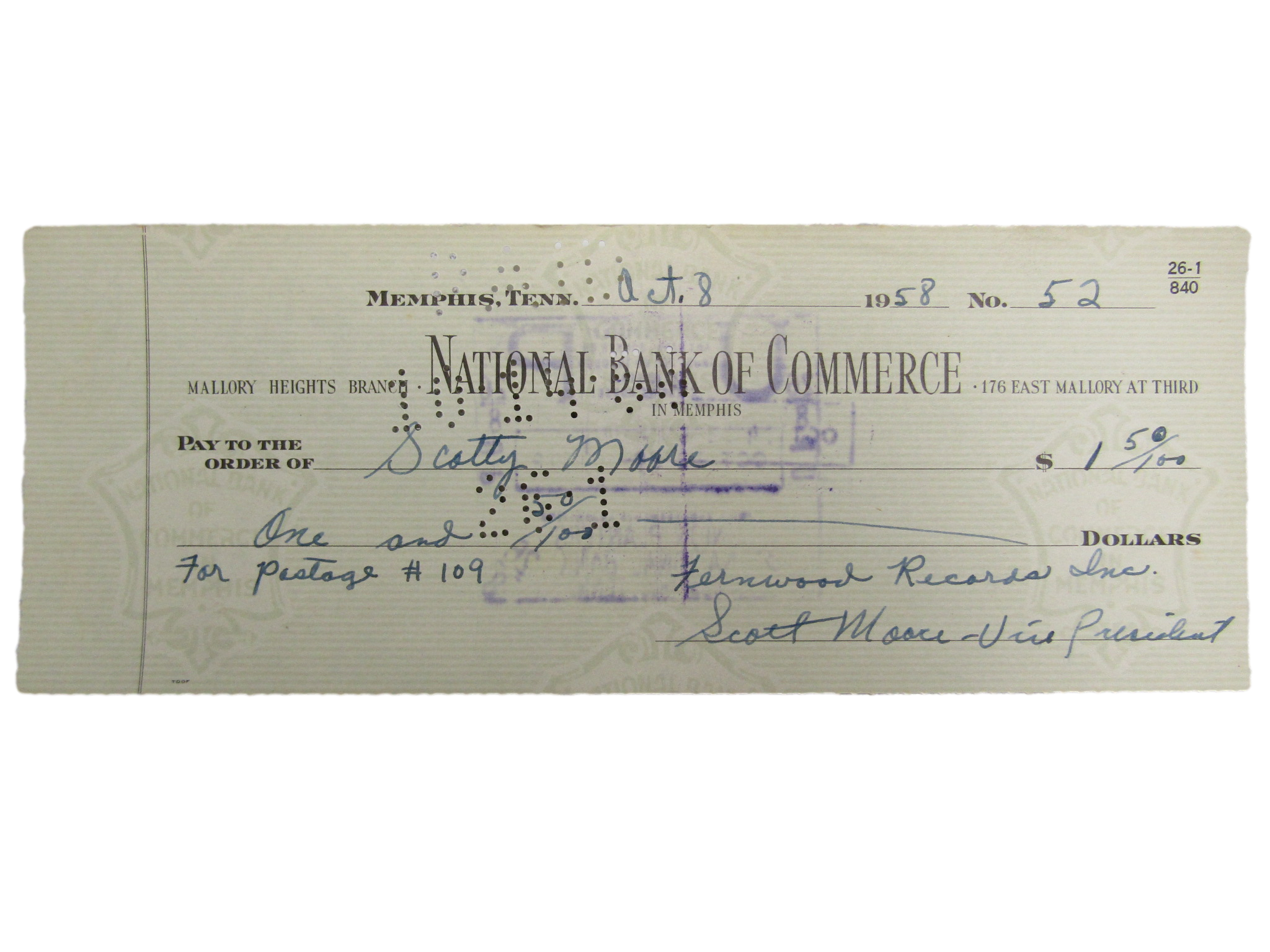 Fernwood Records Cancelled Check #52 – Triple Signed by Scotty Moore Postage Reimbursement – Tied to Elvis’ Earliest Days
