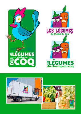 Un coq psychédélique sur fond vert, des légumes personnifiés avec des visages humoristiques.