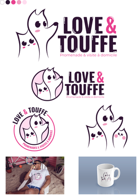 Un magnifique logo avec un chien, un chat et un hamster. dessin avec des lignes vectorielles, couleurs rose et mauve.